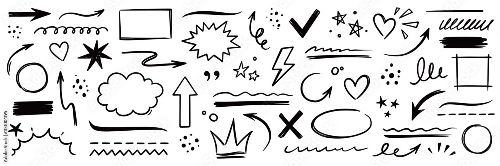 Poster line hand drawn marker arrow, heart, text highlight brush shape element set. hand drawn sketch marke