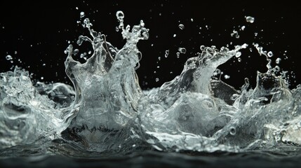 Stunning Close-Up of Water Splashing with Droplets Against a Dark Background, Capturing the Beauty and Movement of Liquid Dynamics in a Breathtaking Display
