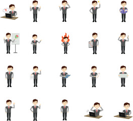 Businessman character poses set. Front side and back view of office worker man. Set of Businessman character design. Different poses design.