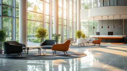 Modern lobby with large windows, seating areas, and a reception desk.