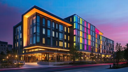 Contemporary Urban Hotel Design with Colorful Facade Illuminated at Dusk, Showcasing Modern Architecture and Creative Lighting Solutions in City Environment