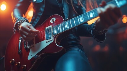 Naklejka premium A close-up of a person playing an electric guitar on stage with dramatic lighting.