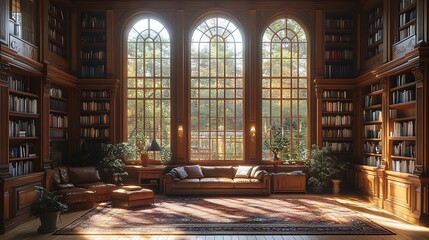 Obraz premium Elegant Library Interior with Sunlight. Concept of Knowledge, Tranquility, and Reading.