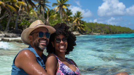 Fototapeta premium A couple sits by the water, laughing and enjoying each other\'s company at a tropical beach