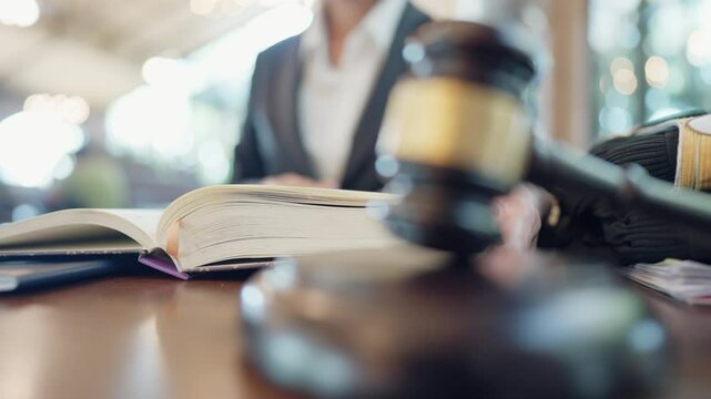 A woman is sitting at a desk with a book open in front of her. A gavel is on the table in front of her