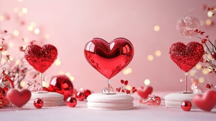 Gleaming red hearts perched on elegant pedestals, surrounded by festive accents on a soft pink gradient background.