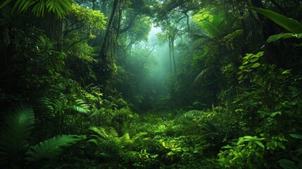 Fototapeta premium Explore a lush rainforest with vibrant foliage and a serene mist enveloping the scene