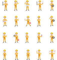 Car repair and service. Mechanic repairs and diagnostics car  of auto service. Auto mechanic cartoon character set and animation. Front, side, back, 3-4 view character. Flat vector illustration