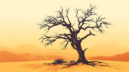 Lone dead tree in a desert landscape under a hazy sky.