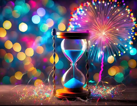Hourglass setting on table with multicolored confetti while counting down time on New Year's Eve as celebratory fireworks explode in background - Powered by Adobe
