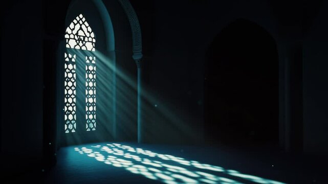 Islamic Ramadan background, radiant light emanating from an Islamic arch illuminating the dark mosque