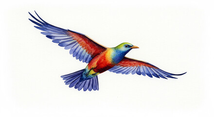 Fototapeta premium Vibrant Rainbow Bird in Flight Watercolor Painting Wildlife Art
