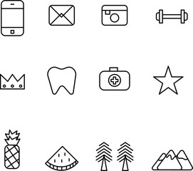 Efficiency - thin line vector icon set. Pixel perfect. Editable stroke. The set contains icons: phone, message, camera, crown, weight, star, medical, dental, pineapple, watermelon, pine