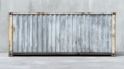 Weathered metal shipping container against a concrete wall.