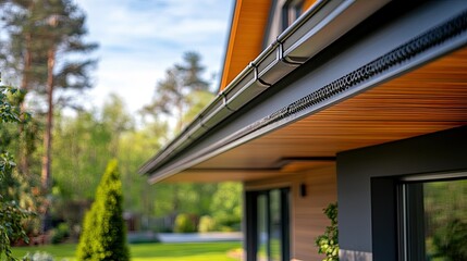 Modern House Exterior Detail: Sleek Gutters and Wooden Accents