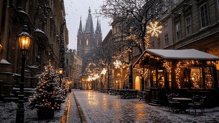 Fototapeta premium Snowy Christmas Eve in Prague, Cozy Winter Street Scene