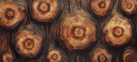 Wood grain texture with large rings and cracks creates rustic feel