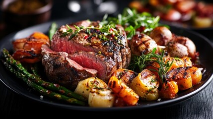 Deliciously Grilled Steak with Colorful Vegetables and Herbs on a Black Plate, Showcasing a Mouthwatering Culinary Experience Perfect for Gourmet Photography