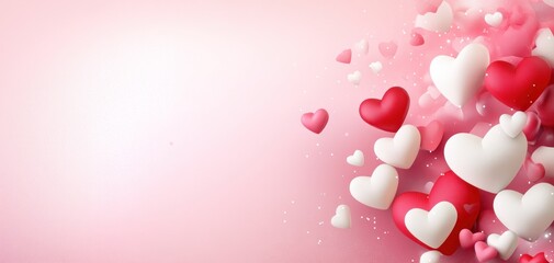 A vibrant arrangement of 3D hearts in red, white, and pink on a soft pastel pink backdrop adds joy