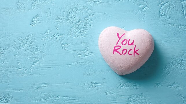 A heart-shaped note saying You Rock on a light blue surface adds cheer