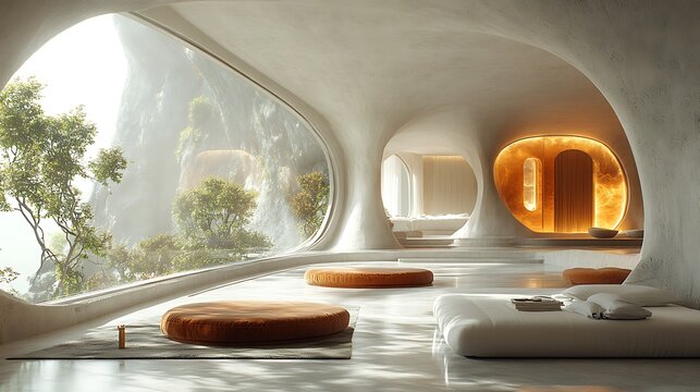 Modern Cave like Architecture Interior. Concept of Minimalist Zen Retreat.