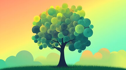 Stylized tree illustration with pastel sunset backdrop.