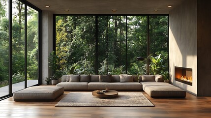 Modern Living Room with Forest View.  Contemporary Interior Design, Minimalist Style.