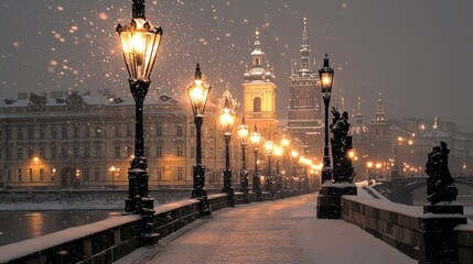 Fototapeta premium Snowfall on a Romantic Bridge in Prague at Night