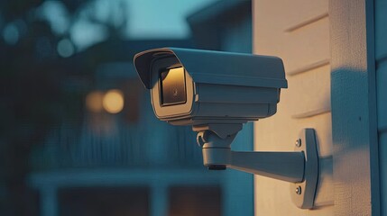 Surveillance Camera Mounted on Exterior Wall at Dusk, Monitoring Outdoor Space for Enhanced Security and Protection in Residential Areas