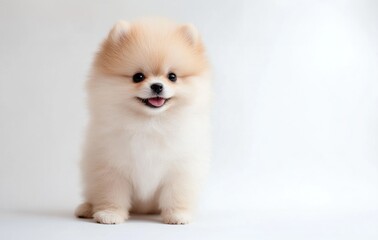 Fototapeta premium Cheerful fluffy white dog sits on a white surface, radiating happiness in a bright indoor space