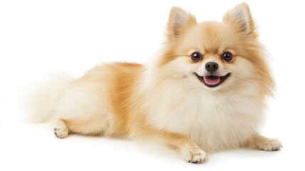 Obraz premium Small fluffy white dog looks happy while resting on a clean white surface in a bright room
