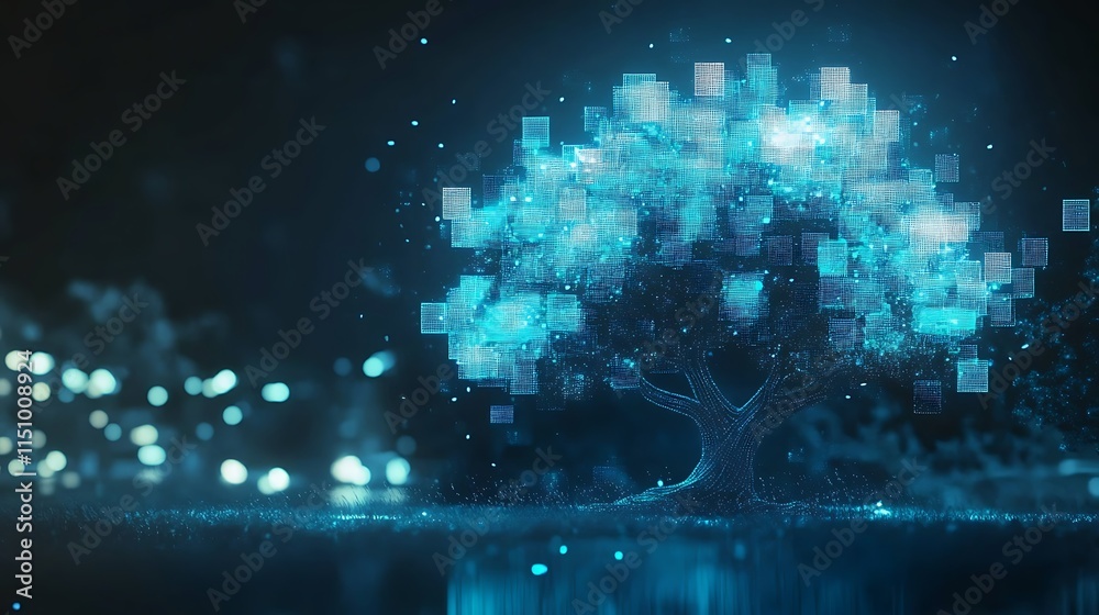 Poster Glowing digital tree with data blocks.