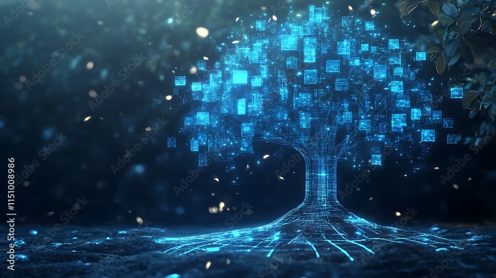 Poster Glowing digital tree with data blocks and roots.