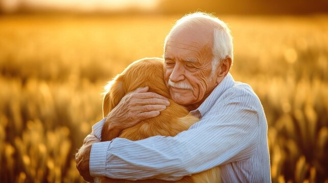 An older man enjoys a tender moment hugging his golden retriever in a golden field at sunset - Powered by Adobe
