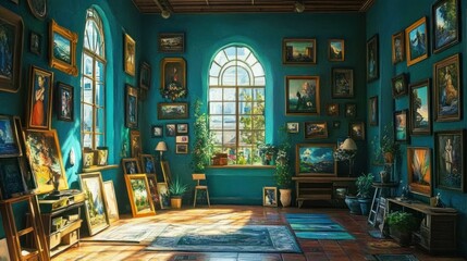Obraz premium Sunlit Art Gallery: A Teal Haven of Masterpieces