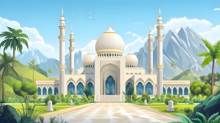 Fototapeta premium luxurious and magnificent mosque building, with a large and beautiful garden, with beautiful mountain views