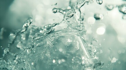 Close-Up of Crystal Clear Water Splashing in Motion with Soft Bokeh Background and Glittering Light Reflections Captured in an Artistic Format
