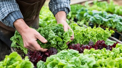 Fototapeta premium Farmer's hands harvesting fresh lettuce in a garden.