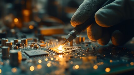 A close-up of a gloved hand soldering a circuit board, the glowing tip of the soldering iron melting solder onto precise connections, intricate details of the board and components in sharp focus,