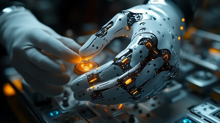 A close-up of a gloved hand tightening a small screw on a futuristic robotic hand assembly, intricate metallic joints reflecting workshop lighting, sleek mechanical fingers visible,