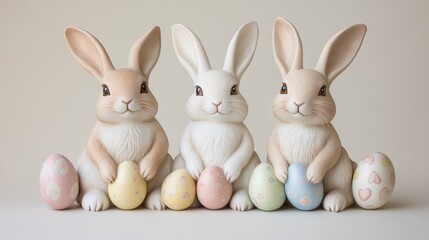 Obraz premium Three cheerful bunnies sitting side by side with bright Easter eggs, capturing the spirit of spring and holiday joy.