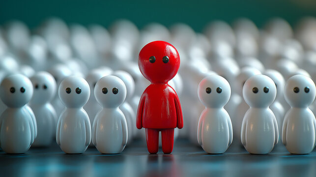 A single red figure stands apart from the many white figures, emphasizing the concept of uniqueness.
