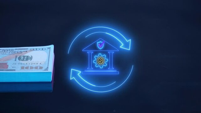 Bank transfer icon. Money transfers from different currencies internationally and currency exchange. Online banking and interbank payment. Banking icon with cycle on virtual screen.
