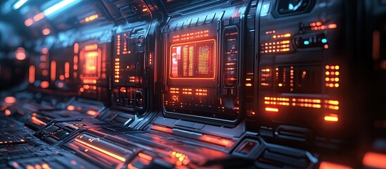 Obraz premium Futuristic Spaceship Control Panel: A Glowing Interface of Orange and Blue