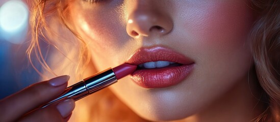 Close-up of a Woman Applying Pink Lipstick, Beauty and Makeup Concept