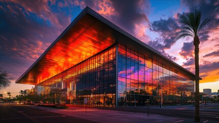 Stunning Modern Architecture at Dusk Reflected in Glass Facade with Colorful Sunset Sky and Dramatic Clouds Over Palm Trees and Urban Landscape