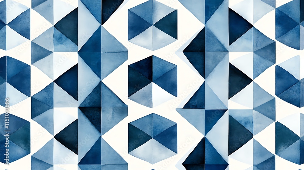 Leinwandbilder Abstract watercolor geometric pattern with shades of blue, creating hexagonal and triangular shapes.