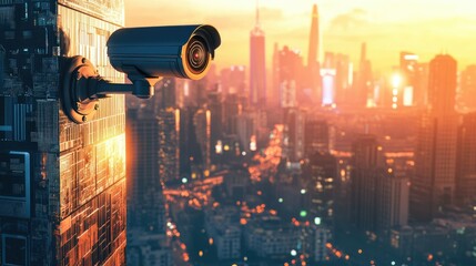 Surveillance Camera Overlooking Urban Landscape at Sunset, Modern City with Skyscrapers and Glowing Lights in Background, Technology and Security Concept