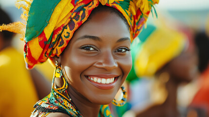 Fototapeta premium Smiling woman in a colorful headdress during Brazilian carnival celebration 