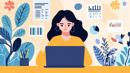 Businesswoman uses laptop to work on company growth analysis, statistics, graphs and pie charts. Financial analysis and business concept